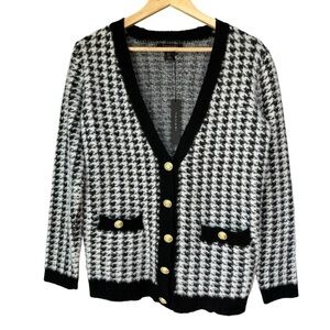 Tahari Eyelash Fringe SuperSoft Houndstooth Cardigan Sweater Black/White Size M
